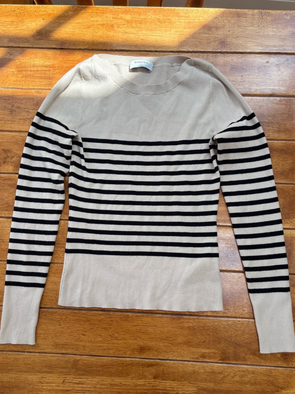 Babaton Beige and Black Striped Crewneck Sweater